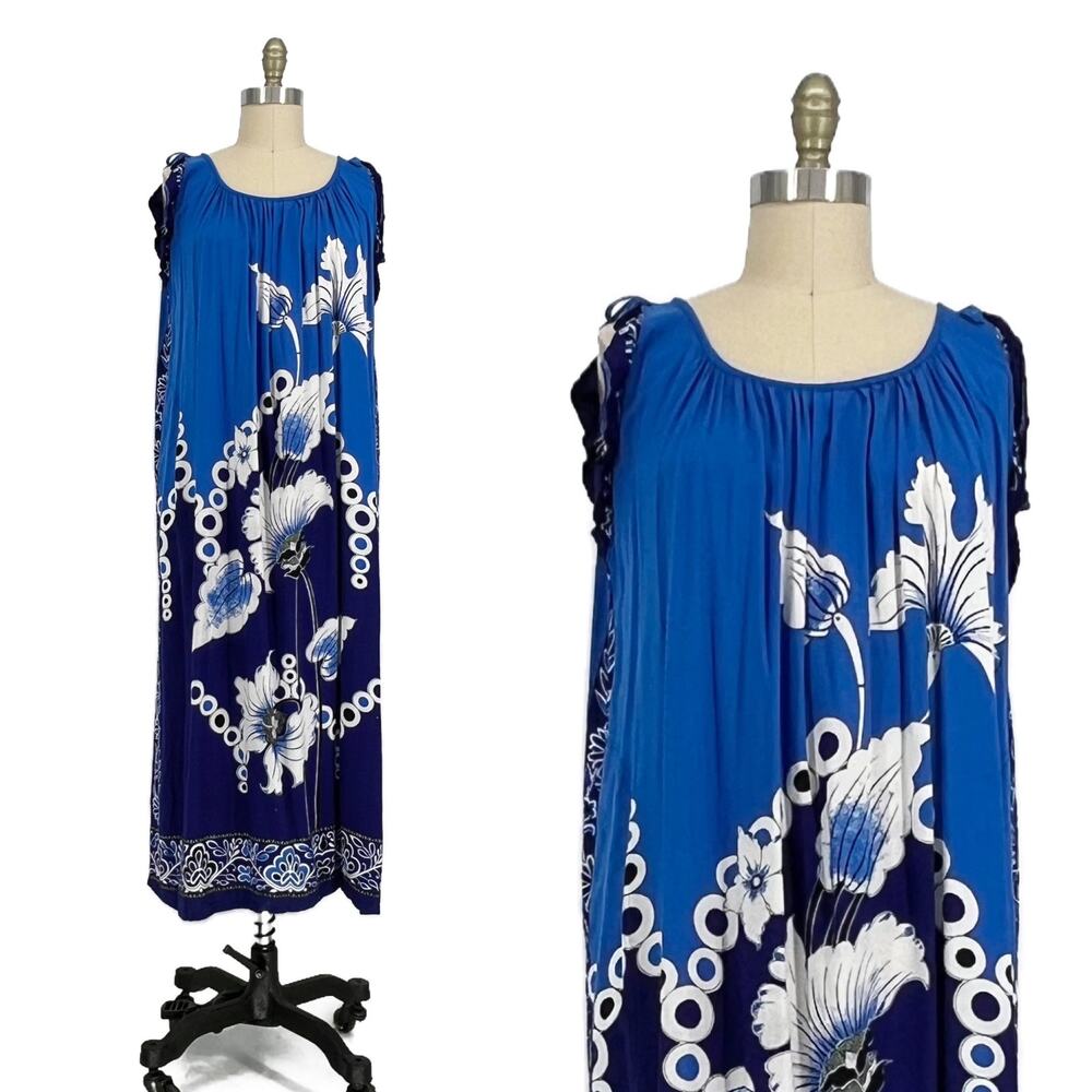 Vintage Thai Batik Sleeveless Floral Midi Shift Dress size Medium/Large